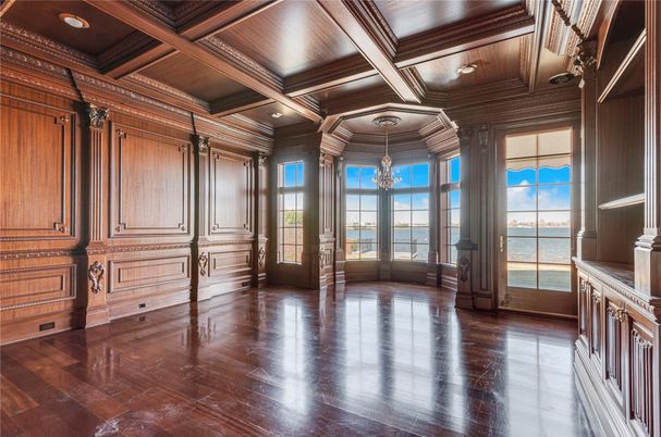 Chandelier, Empty room, Interior, Recessed Lighting, Water, Wooden Beams, Wooden Ceilings, Wood Texture Flooring, Wooden Walls