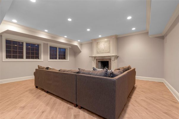 Fireplace, Interior, Living room, Recessed Lighting, Wood Texture Flooring