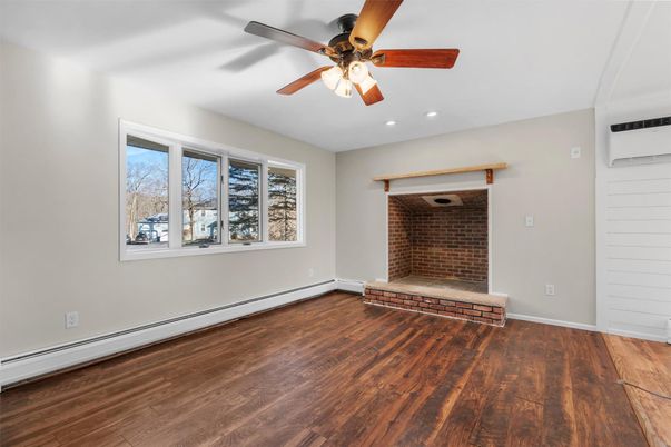 Empty room, Interior, Recessed Lighting, Stone Walls, Wood Texture Flooring