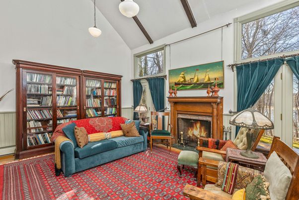 Fireplace, Interior, Living room, Pendant Lights, Wooden Beams
