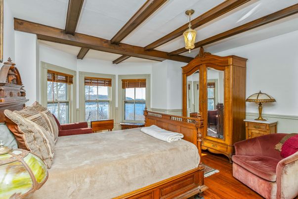 Bedroom, Interior, Pendant Lights, Wooden Beams, Wood Texture Flooring