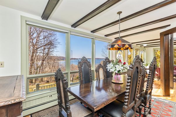 Dining room, Interior, Pendant Lights, Water, Wooden Beams