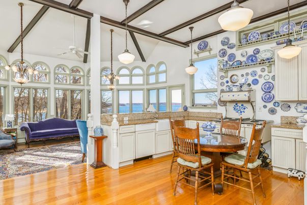 Dining room, Interior, Living room, Pendant Lights, Water, Wooden Beams, Wood Texture Flooring