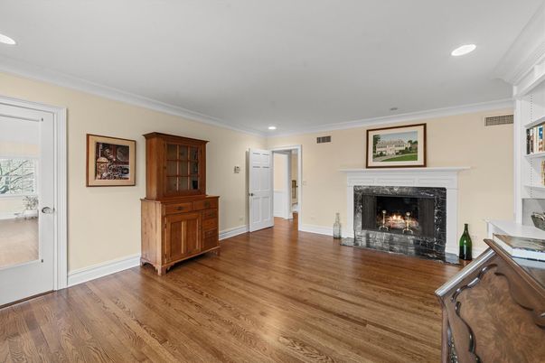 Empty room, Fireplace, Interior, Recessed Lighting, Wood Texture Flooring