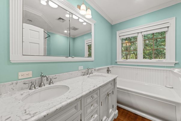 Bathroom, Dual Sink Vanities, Interior, Recessed Lighting, Wood Texture Flooring