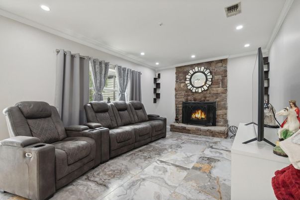 Fireplace, Interior, Living room, Marble, Recessed Lighting, Stone Walls