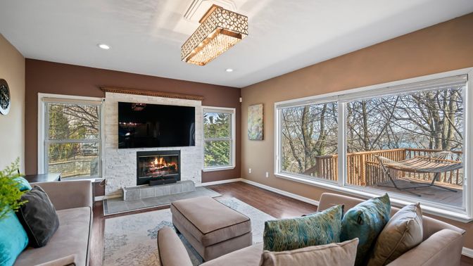 Fireplace, Interior, Living room, Recessed Lighting, Wood Texture Flooring