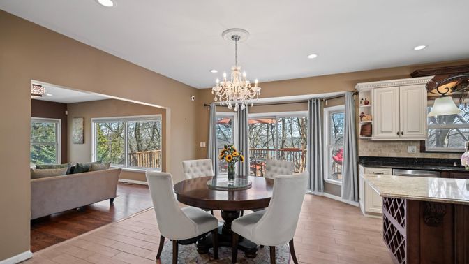 Chandelier, Dining room, Interior, Kitchen, Living room, Recessed Lighting, Wood Texture Flooring