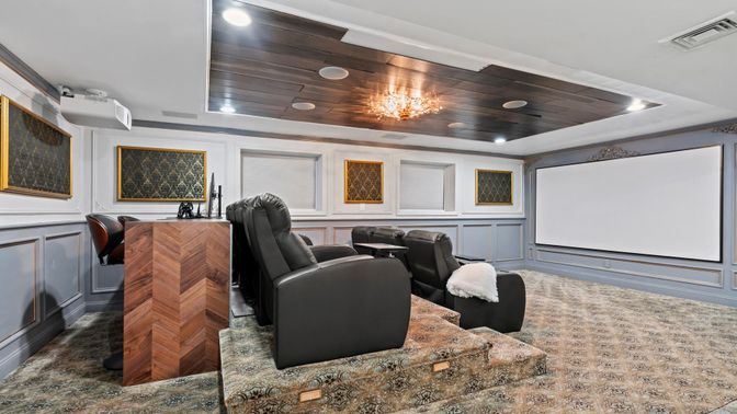 Home Theatre Room, Interior, Projection Screen, Recessed Lighting, Theatre Room, Wooden Ceilings