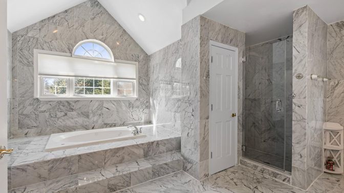 Bathroom, Glass Shower, Interior, Marble, Marble Walls, Recessed Lighting