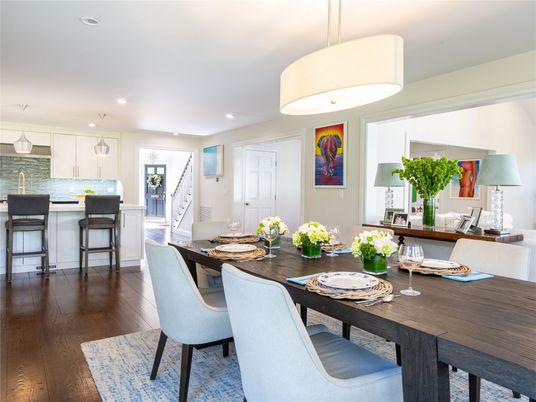 Dining room, Interior, Kitchen, Pendant Lights, Recessed Lighting, Wood Texture Flooring