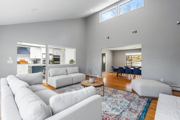 Dining room, Interior, Kitchen, Living room, Recessed Lighting, Stainless Steel Appliances, Wood Texture Flooring