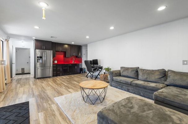 Interior, Kitchen, Living room, Recessed Lighting, Stainless Steel Appliances, Wood Texture Flooring