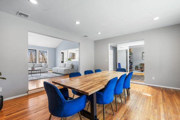 Dining room, Interior, Living room, Recessed Lighting, Wood Texture Flooring