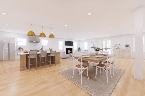 Dining room, Fireplace, Interior, Kitchen, Living room, Pendant Lights, Recessed Lighting, Wood Texture Flooring