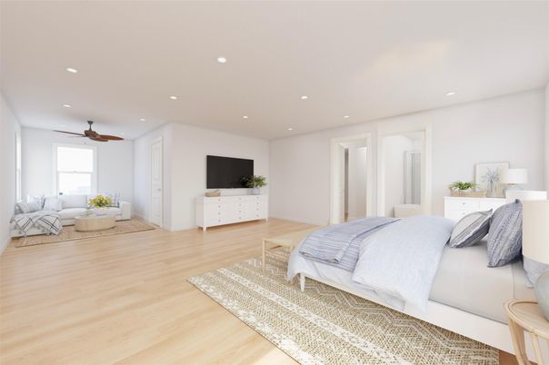 Bedroom, Interior, Recessed Lighting, Wood Texture Flooring