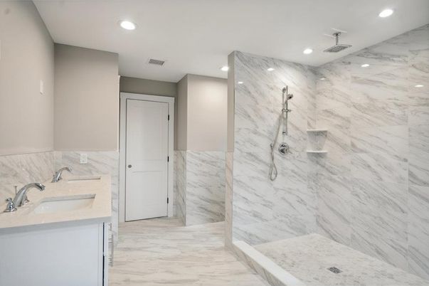 Bathroom, Glass Shower, Interior, Marble, Marble Walls, Recessed Lighting