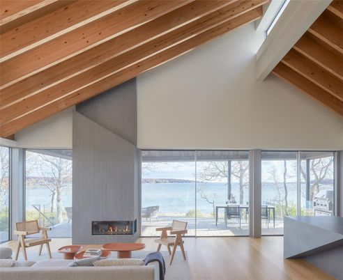 Fireplace, Interior, Living room, Water, Wooden Beams, Wooden Ceilings, Wood Texture Flooring