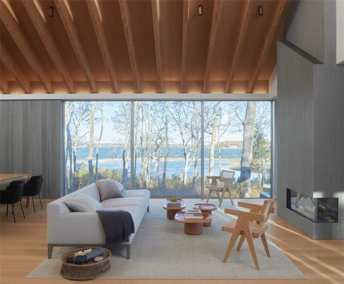 Dining room, Fireplace, Interior, Living room, Water, Wooden Beams, Wooden Ceilings, Wood Texture Flooring