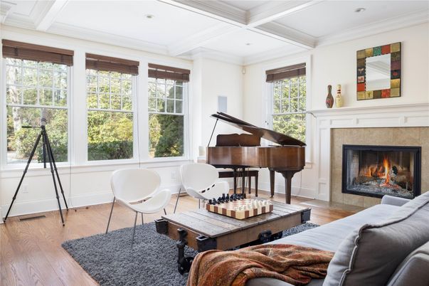 Fireplace, Interior, Living room, Piano, Recessed Lighting, Wood Texture Flooring