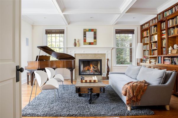 Fireplace, Interior, Living room, Piano, Recessed Lighting, Wood Texture Flooring
