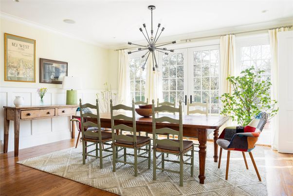 Dining room, Interior, Pendant Lights, Wood Texture Flooring