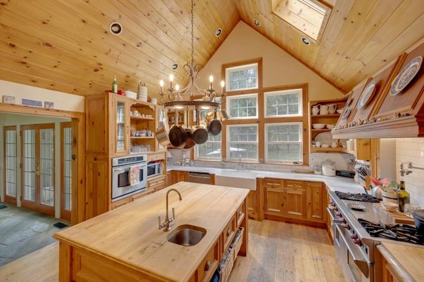 Chandelier, Interior, Kitchen, Stainless Steel Appliances, Wooden Ceilings, Wood Texture Flooring