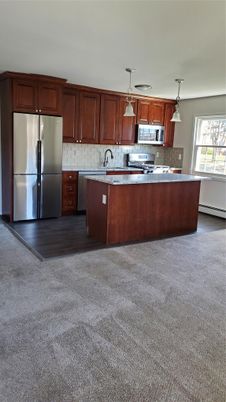 Interior, Kitchen, Pendant Lights, Stainless Steel Appliances, Wood Texture Flooring