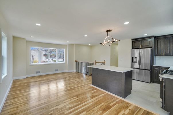Chandelier, Interior, Kitchen, Recessed Lighting, Stainless Steel Appliances, Wood Texture Flooring