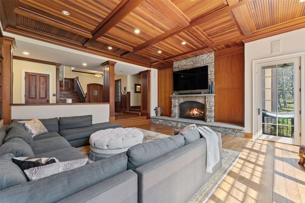 Fireplace, Interior, Living room, Recessed Lighting, Wooden Beams, Wooden Ceilings, Wood Texture Flooring