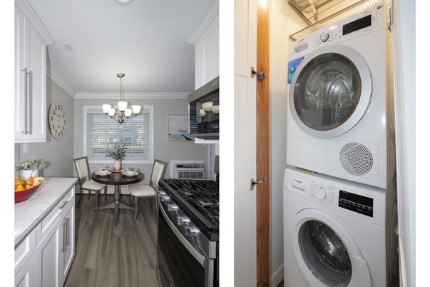 Chandelier, Dining room, Interior, Kitchen, Utility Closets, Washer, Wood Texture Flooring