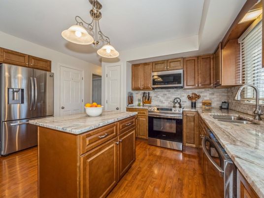 Interior, Kitchen, Pendant Lights, Stainless Steel Appliances, Wood Texture Flooring