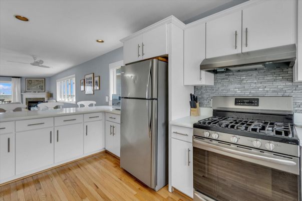 Interior, Kitchen, Recessed Lighting, Stainless Steel Appliances, Wood Texture Flooring