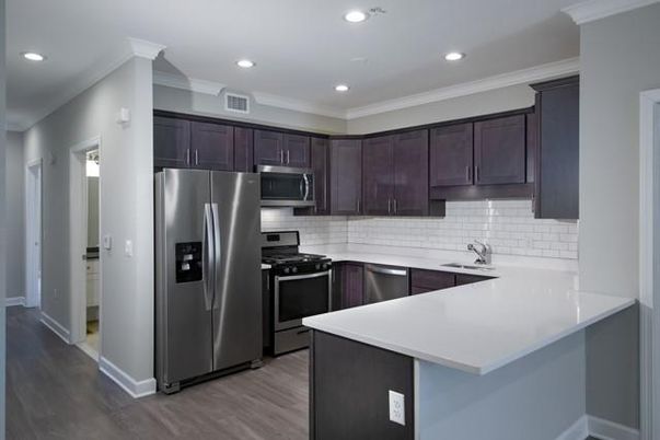 Interior, Kitchen, Recessed Lighting, Stainless Steel Appliances, Wood Texture Flooring