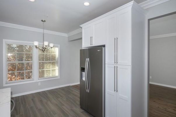 Chandelier, Interior, Kitchen, Pendant Lights, Recessed Lighting, Stainless Steel Appliances, Wood Texture Flooring