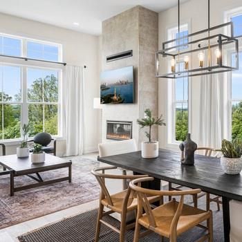 Dining room, Fireplace, Interior, Living room, Pendant Lights, Recessed Lighting