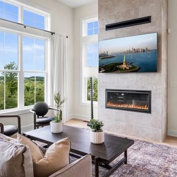 Dining room, Fireplace, Interior, Living room, Recessed Lighting, Wood Texture Flooring