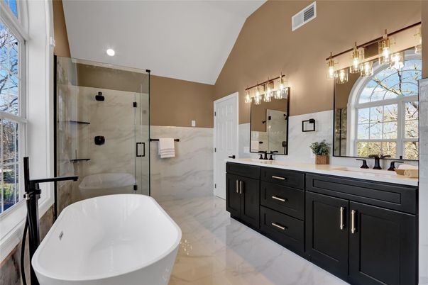 Bathroom, Dual Sink Vanities, Free Standing Baths, Glass Shower, Interior, Marble, Marble Walls, Recessed Lighting