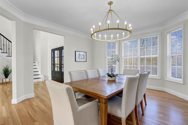 Chandelier, Dining room, Interior, Pendant Lights, Wood Texture Flooring
