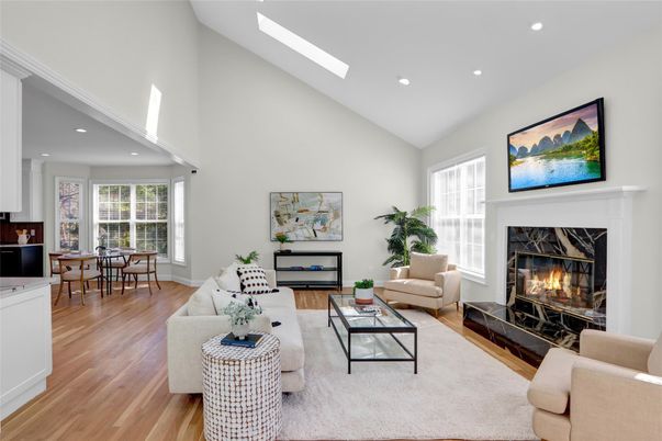 Dining room, Fireplace, Interior, Living room, Recessed Lighting, Wood Texture Flooring