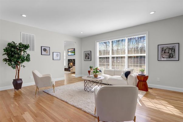 Fireplace, Interior, Living room, Recessed Lighting, Wood Texture Flooring