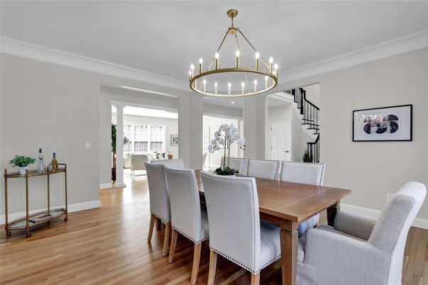 Chandelier, Dining room, Interior, Pendant Lights, Wood Texture Flooring