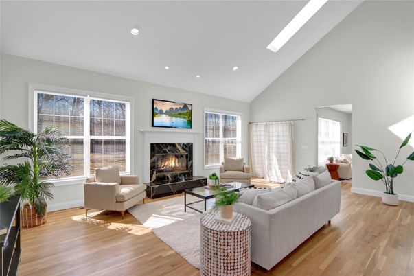 Fireplace, Interior, Living room, Recessed Lighting, Wood Texture Flooring
