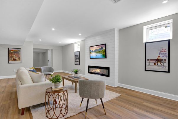Fireplace, Interior, Living room, Recessed Lighting, Wood Texture Flooring