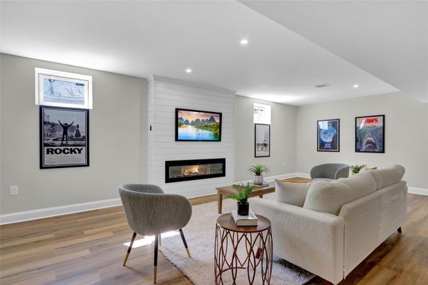 Fireplace, Interior, Living room, Recessed Lighting, Wood Texture Flooring
