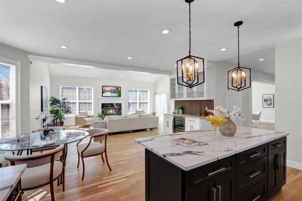 Dining room, Fireplace, Interior, Kitchen, Living room, Pendant Lights, Recessed Lighting, Wood Texture Flooring