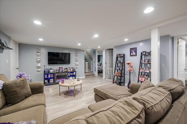 Fireplace, Interior, Living room, Recessed Lighting, Wood Texture Flooring