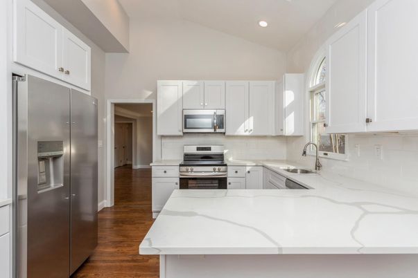 Interior, Kitchen, Recessed Lighting, Stainless Steel Appliances, Wood Texture Flooring