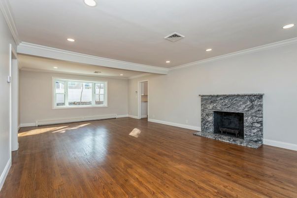 Empty room, Fireplace, Interior, Recessed Lighting, Wood Texture Flooring