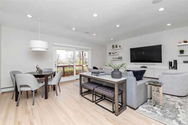 Dining room, Interior, Living room, Pendant Lights, Recessed Lighting, Wood Texture Flooring